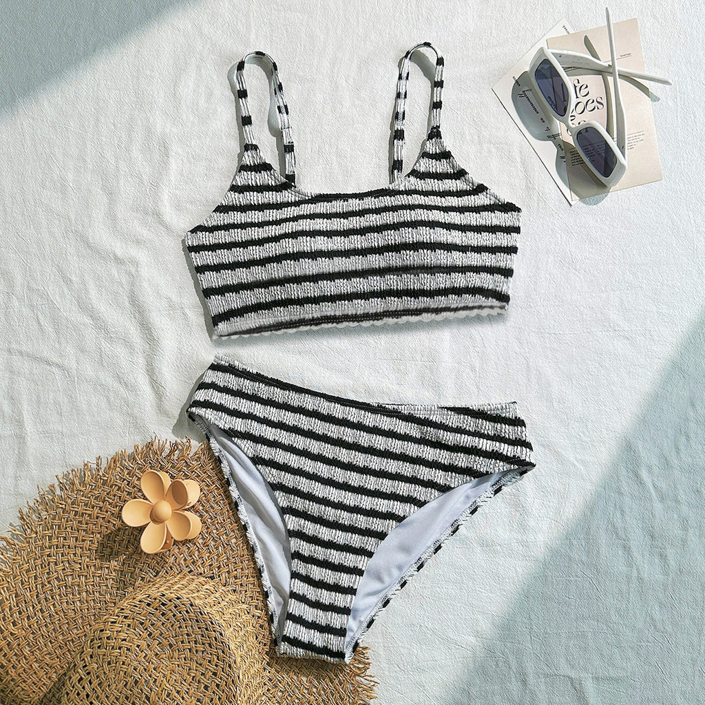 Textured Stripe Scoop Neck Bikini Set - Black