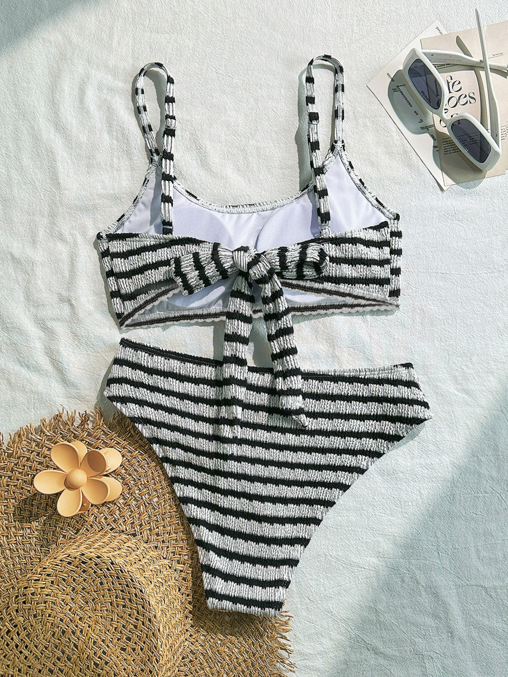 Textured Stripe Scoop Neck Bikini Set - Black - 1