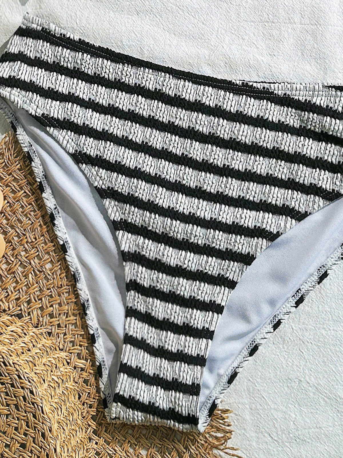 Textured Stripe Scoop Neck Bikini Set - Black - 2