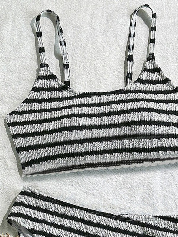 Textured Stripe Scoop Neck Bikini Set - Black - 4