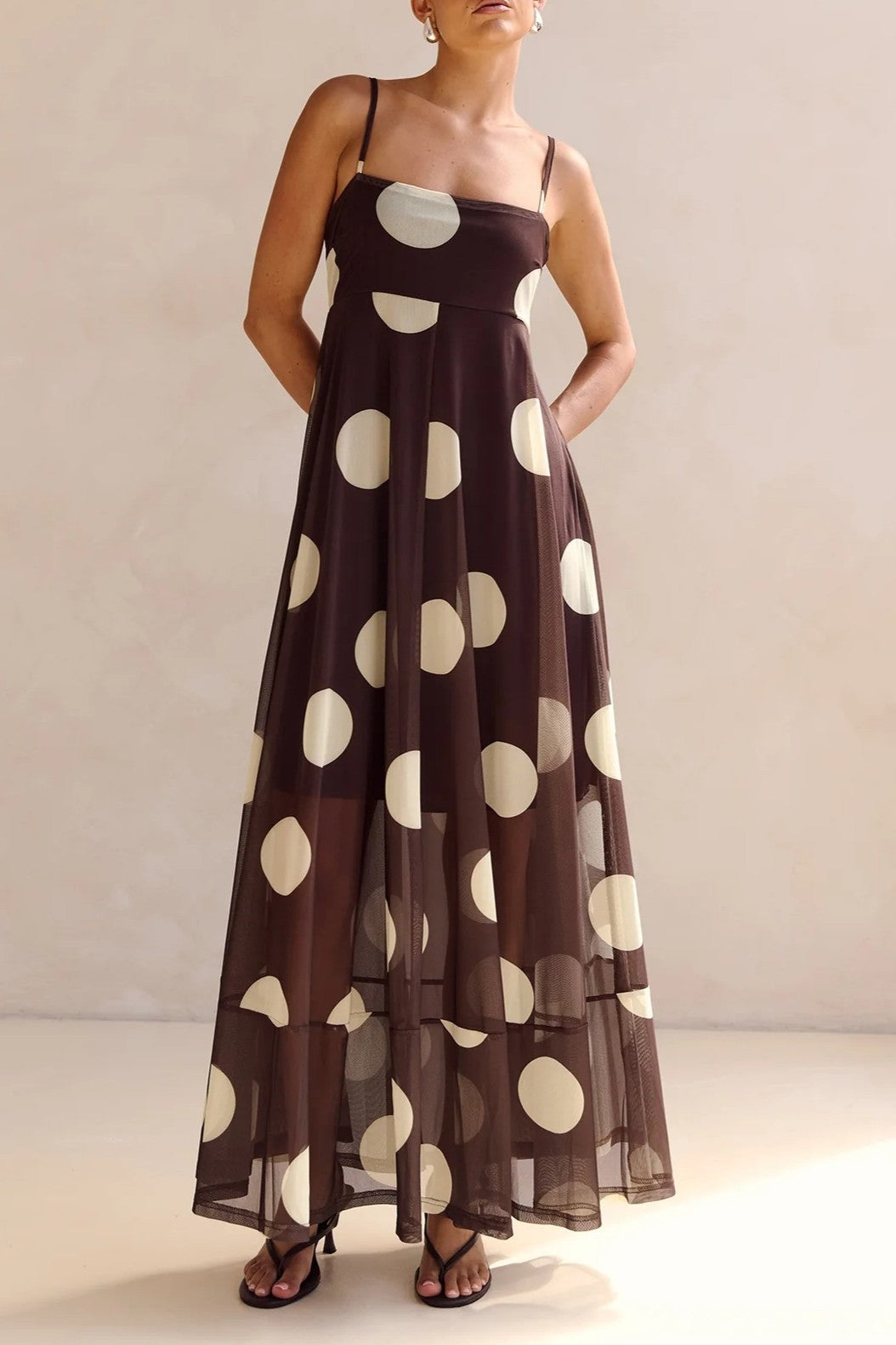 Oversized Dot Chiffon Maxi Dress With Thin Straps - CoffeeWhite