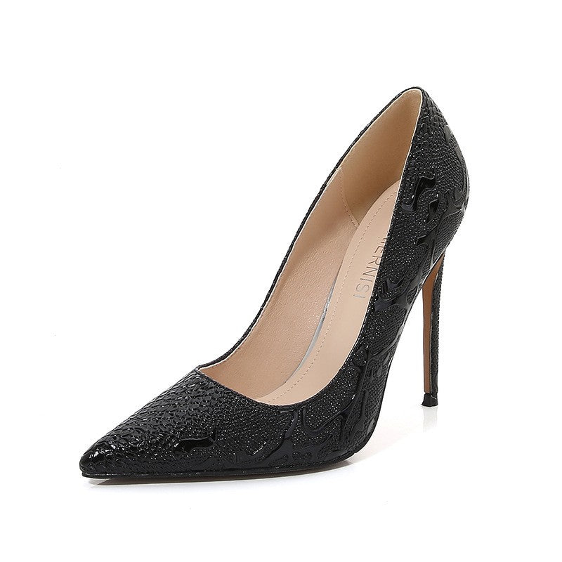 Snake Embossed Pointed Toe Stiletto Pumps - Black