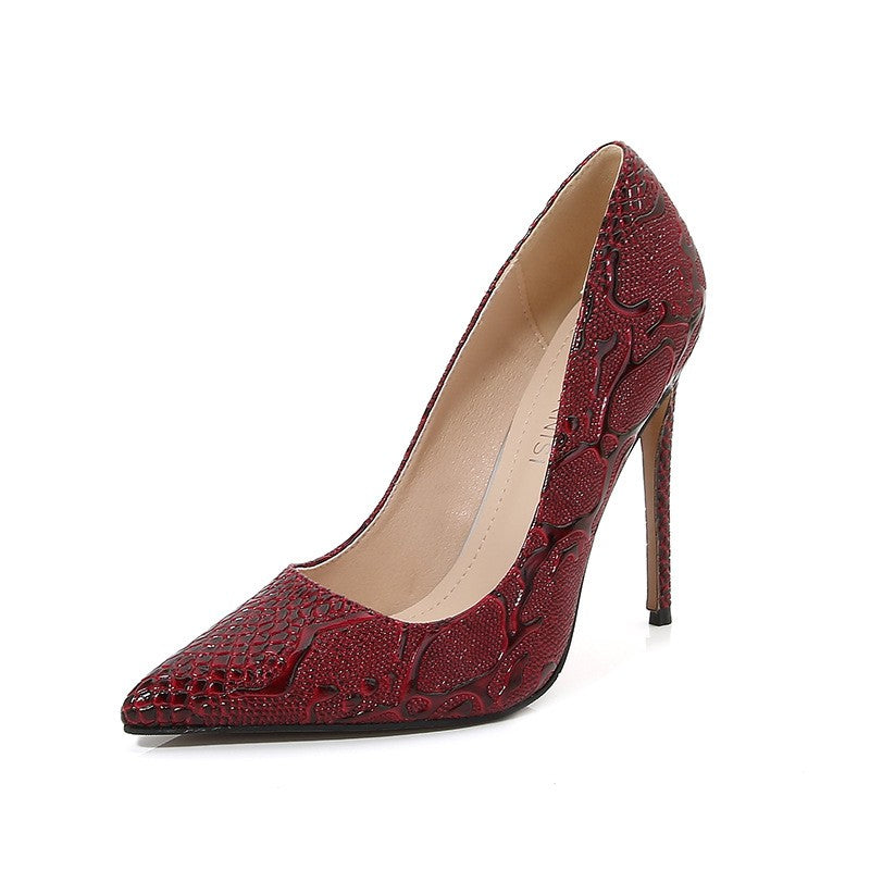 Snake Embossed Pointed Toe Stiletto Pumps - Wine Red