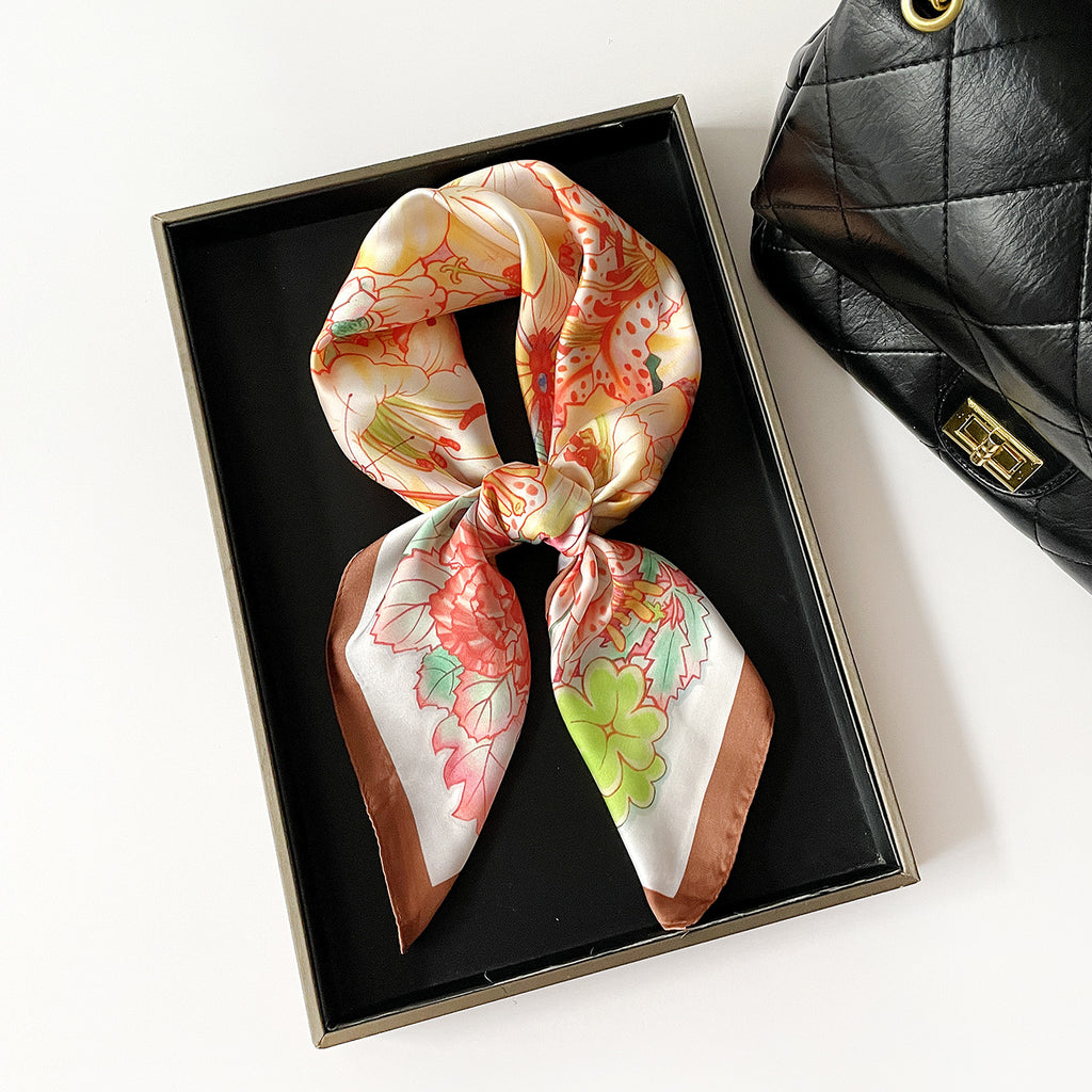 Floral Butterfly Print Square Scarf - Coffee