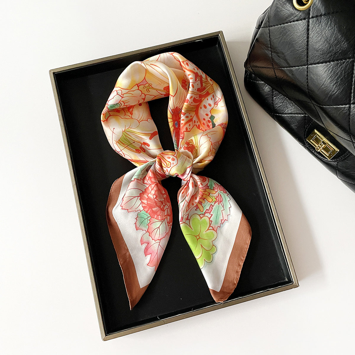 Floral Butterfly Print Square Scarf - Coffee