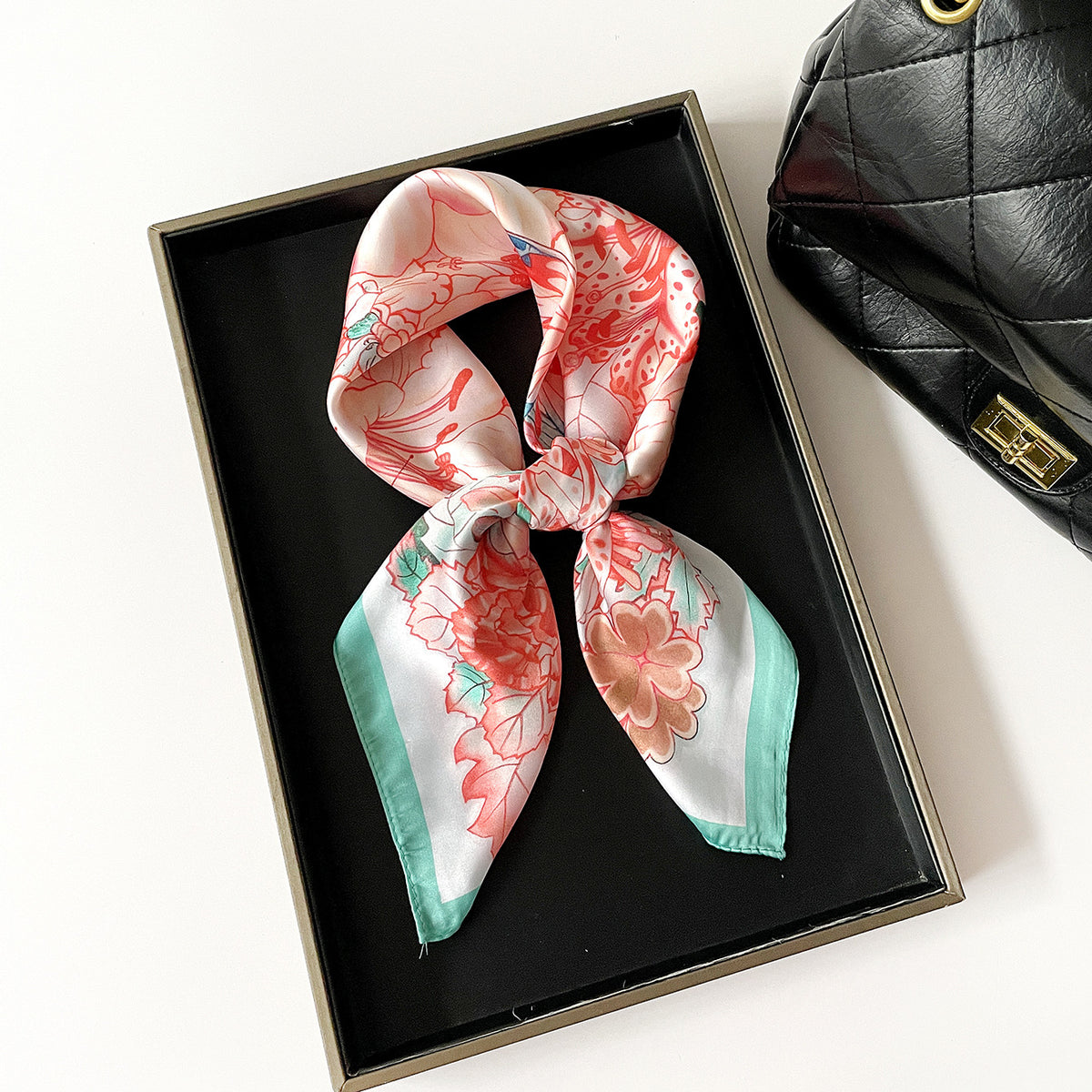 Floral Butterfly Print Square Scarf - Green