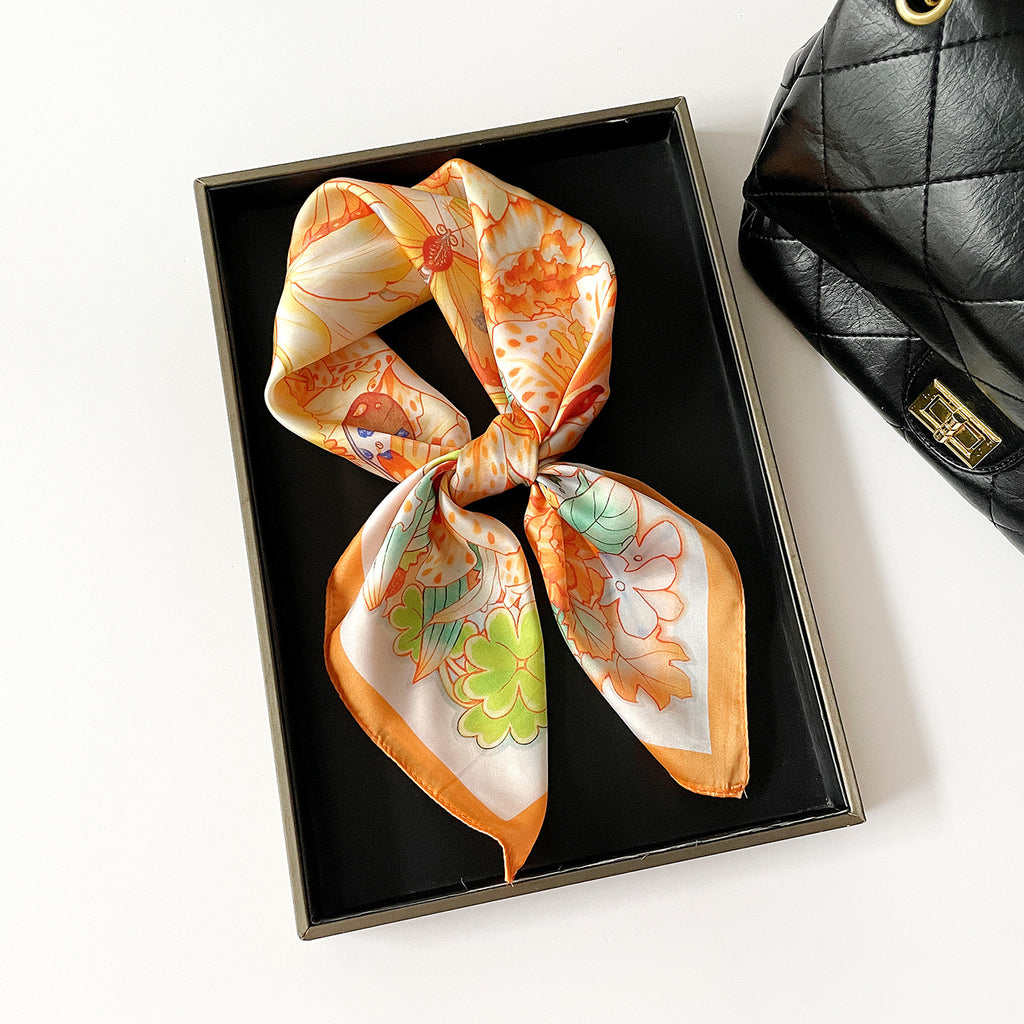 Floral Butterfly Print Square Scarf - Orange