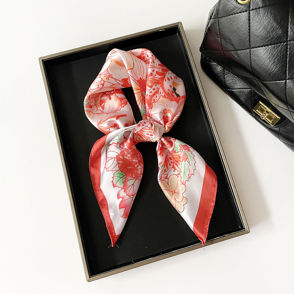 Floral Butterfly Print Square Scarf - Red