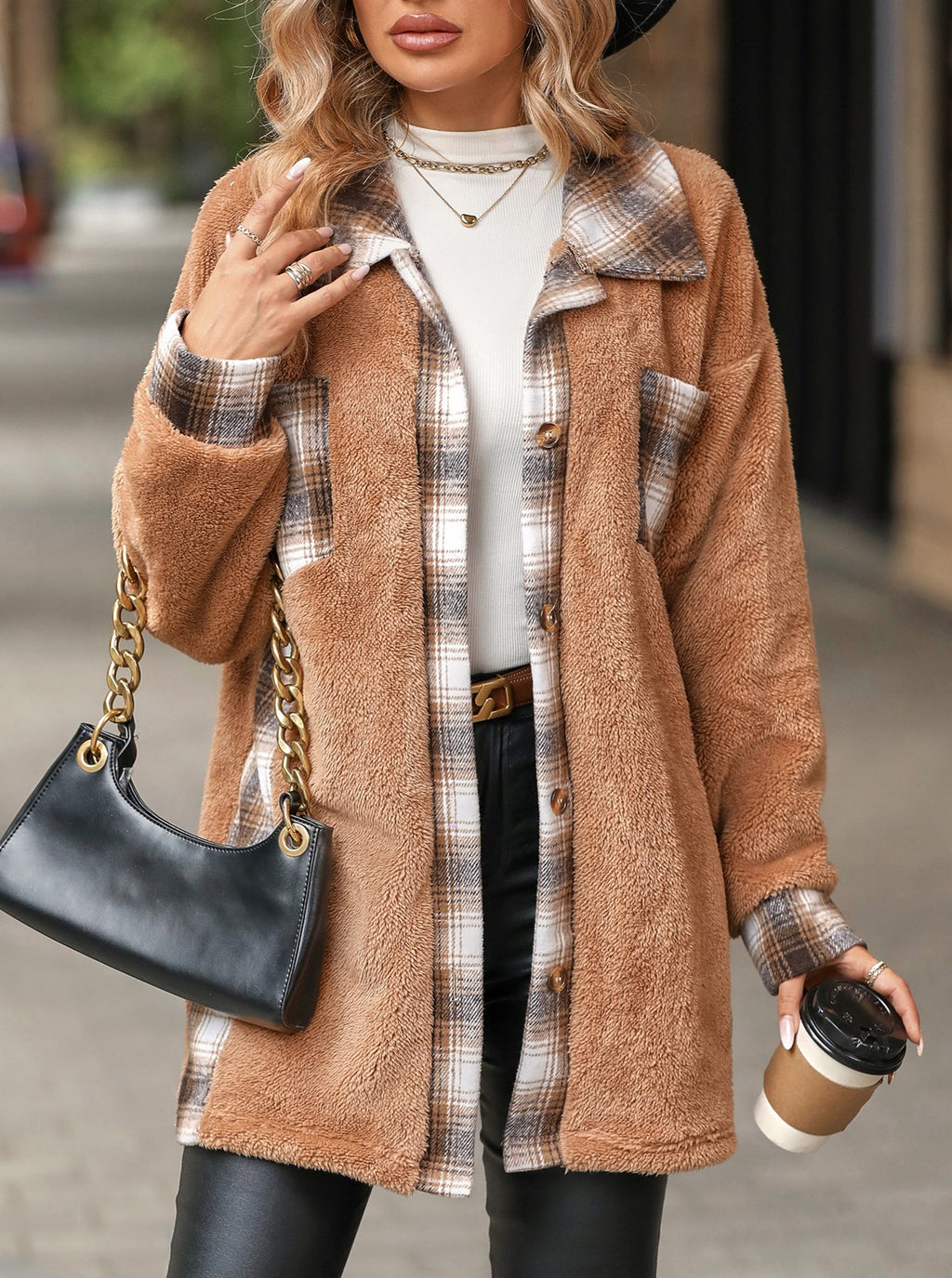 Plaid Trim Plush Fleece Button Up Midi Coat - Camel