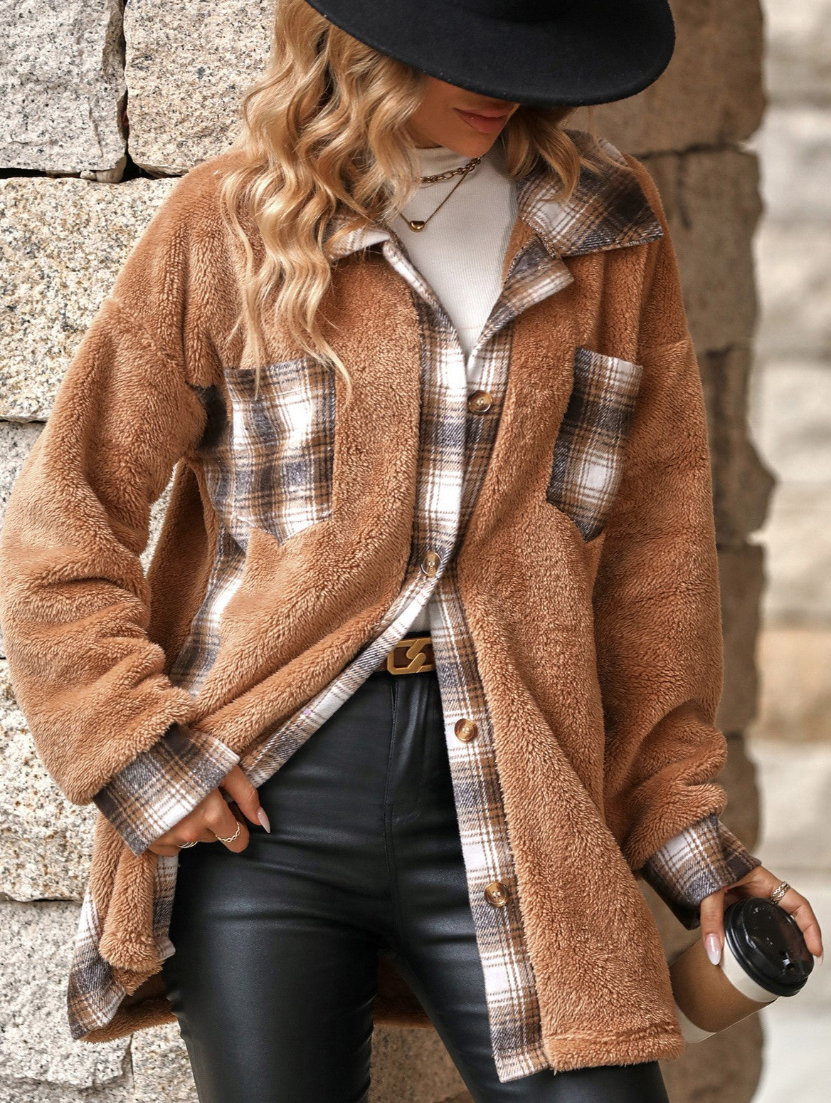 Plaid Trim Plush Fleece Button Up Midi Coat - Camel - 1