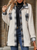 Plaid Trim Plush Fleece Button Up Midi Coat - White