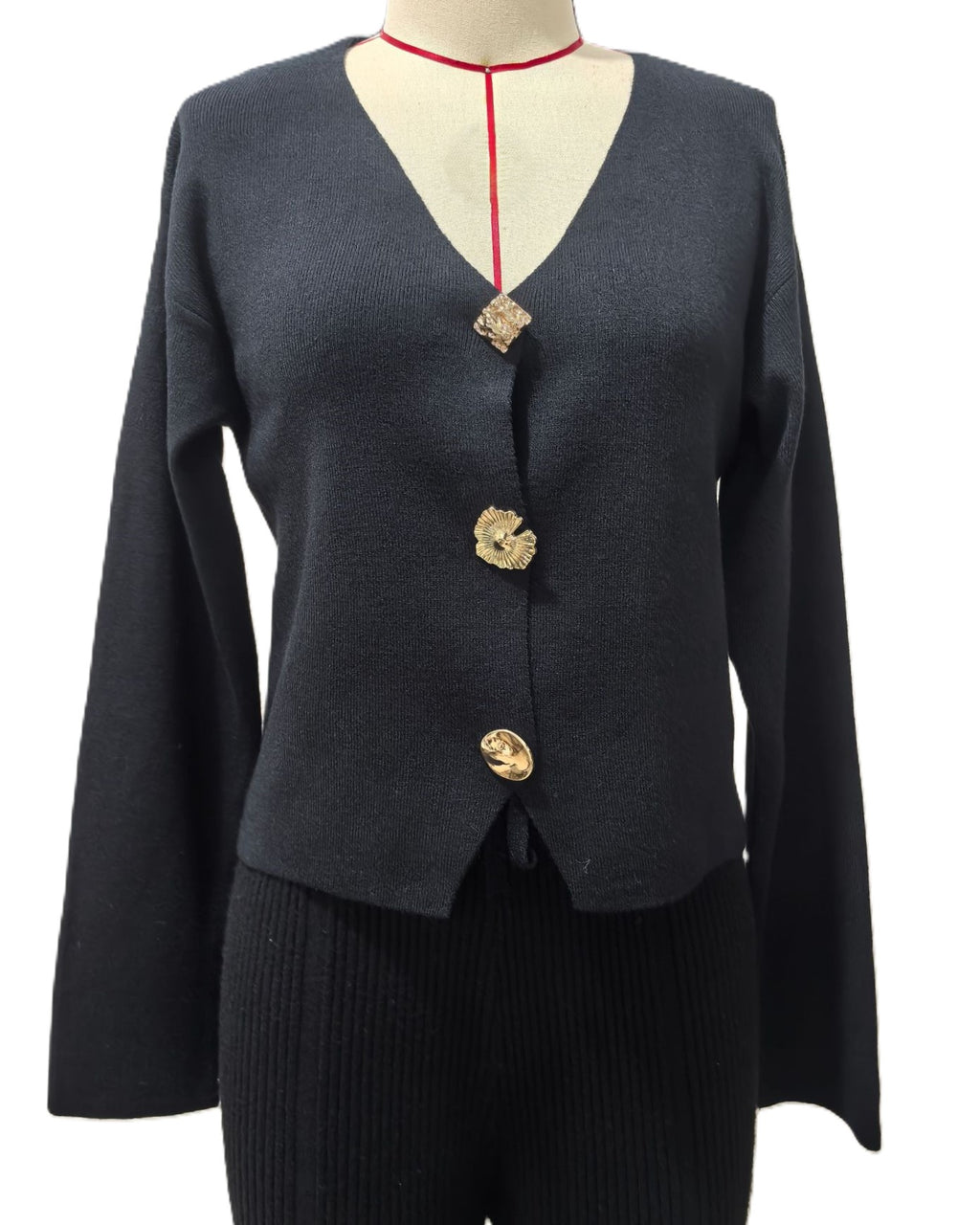 Slim V Neck Button Front Knit Cardigan - Black - 1
