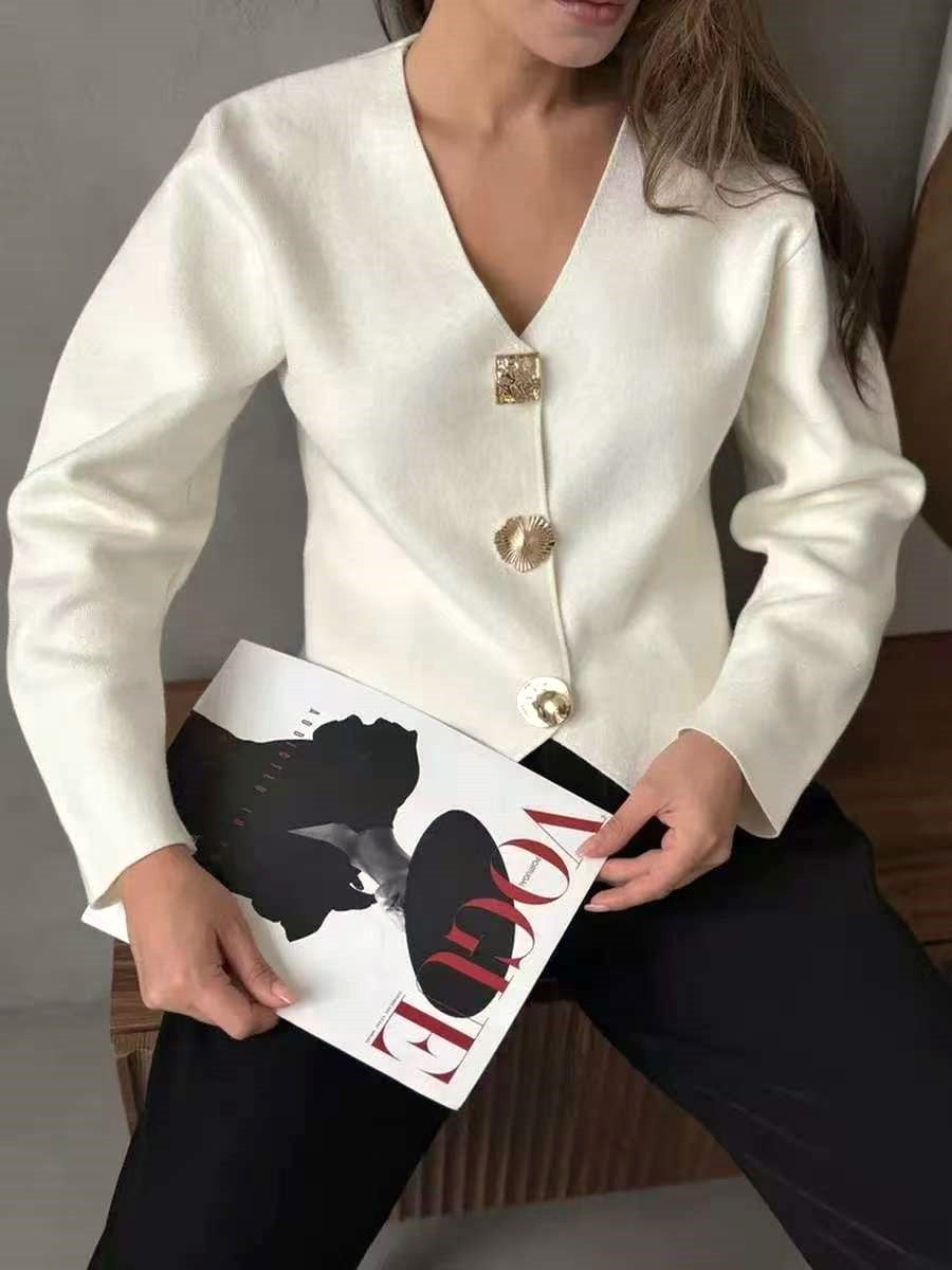 Slim V Neck Button Front Knit Cardigan - White