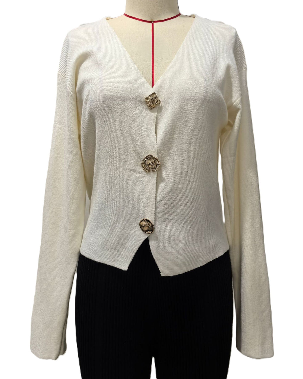Slim V Neck Button Front Knit Cardigan - White - 1