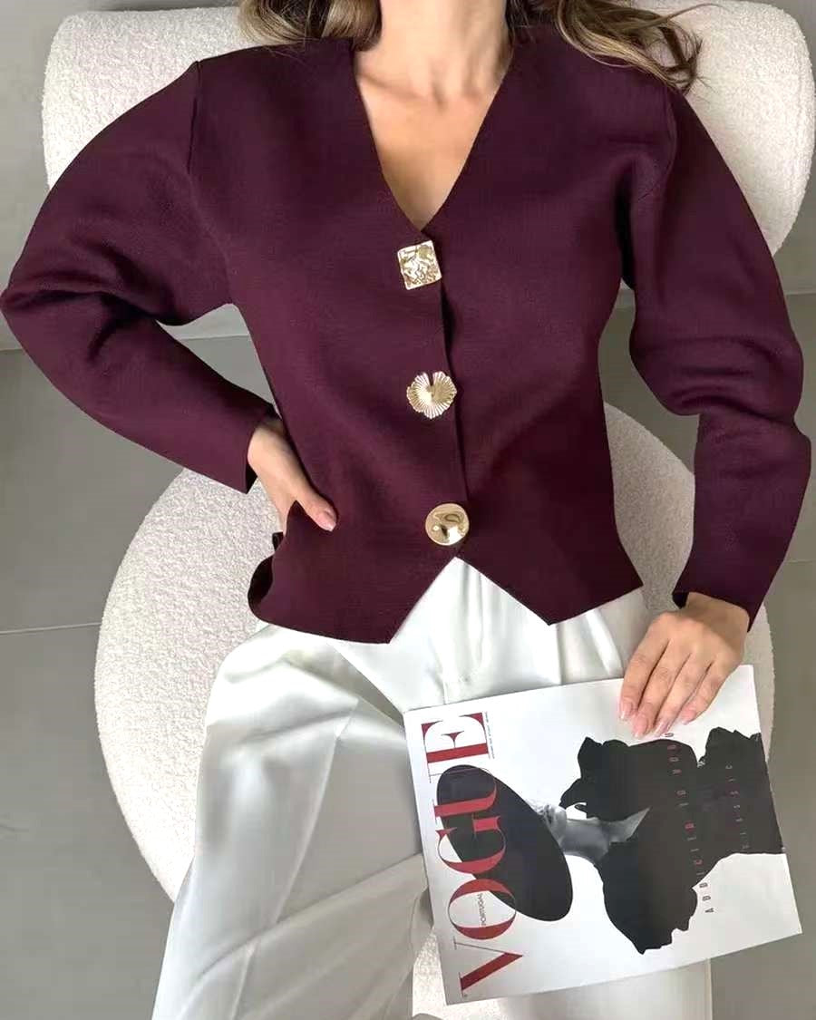 Slim V Neck Button Front Knit Cardigan - WineRed