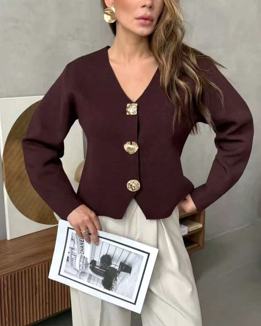 Slim V Neck Button Front Knit Cardigan - WineRed - 1