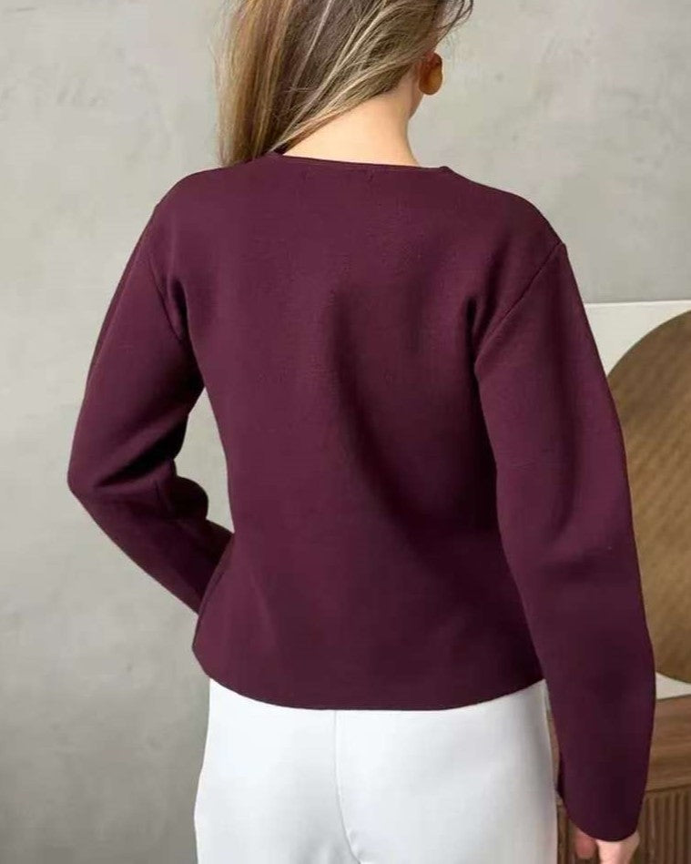 Slim V Neck Button Front Knit Cardigan - WineRed - 2