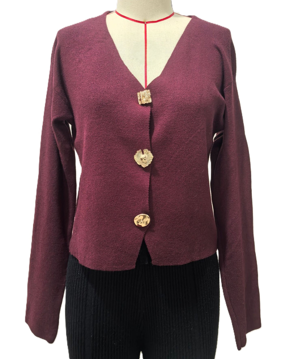 Slim V Neck Button Front Knit Cardigan - WineRed - 3
