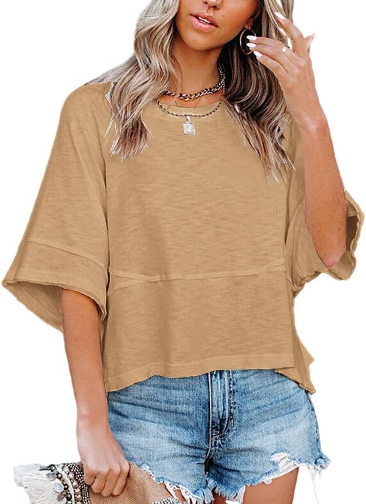 Oversized Drop Shoulder Half Sleeve Tee - Khaki