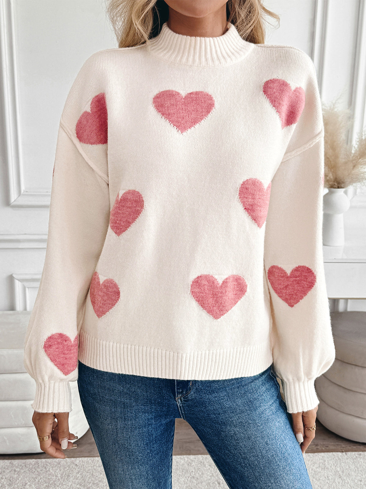 Heart Motif Mock Neck Knit Sweater
