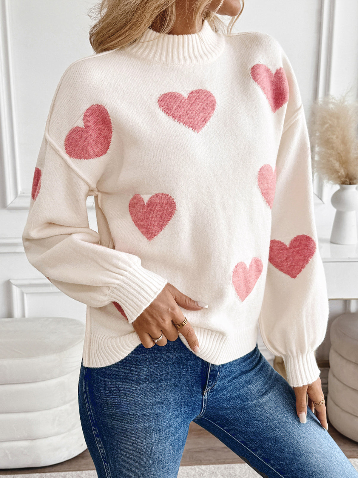 Heart Motif Mock Neck Knit Sweater - view 2