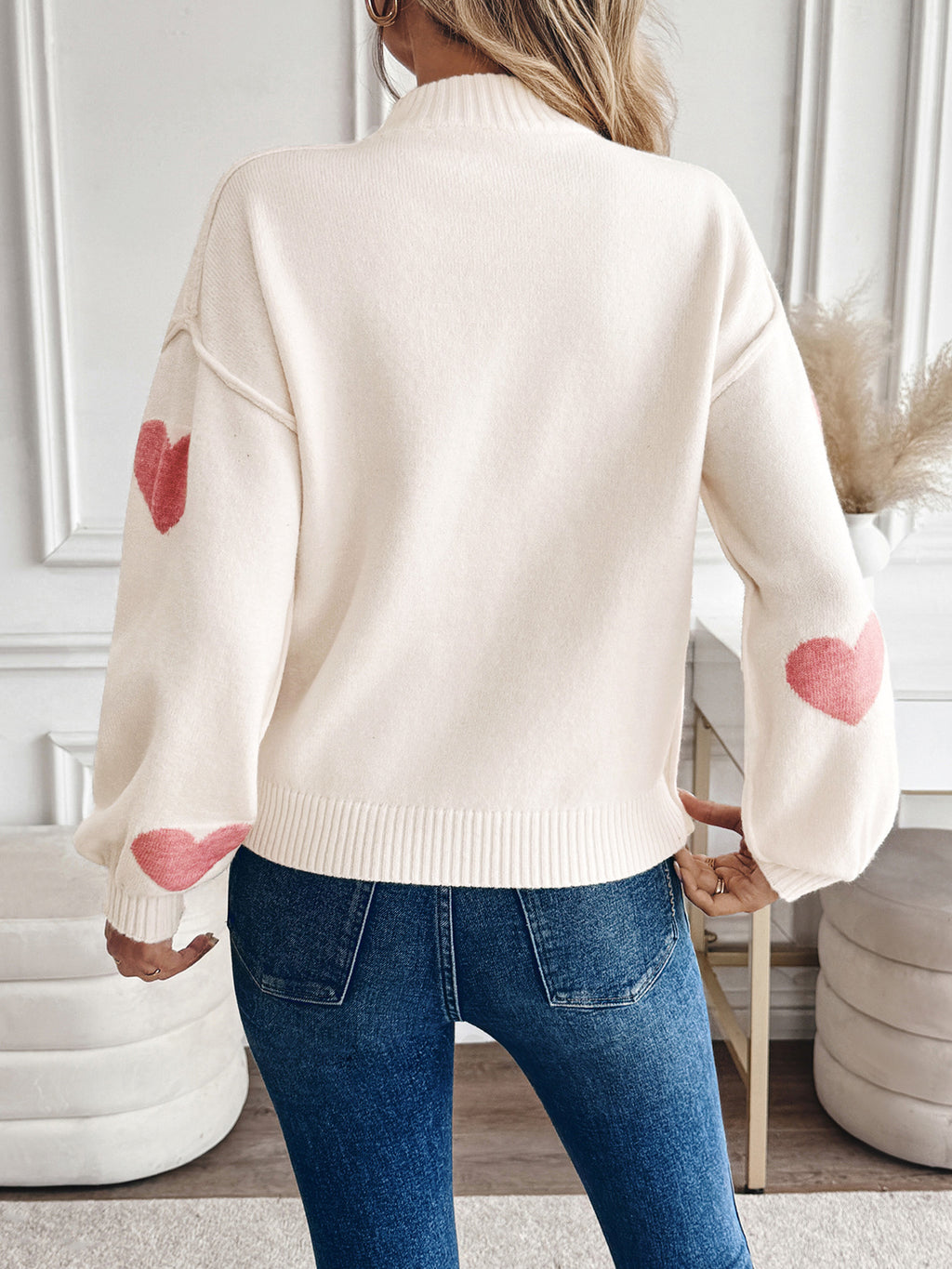 Heart Motif Mock Neck Knit Sweater - view 3