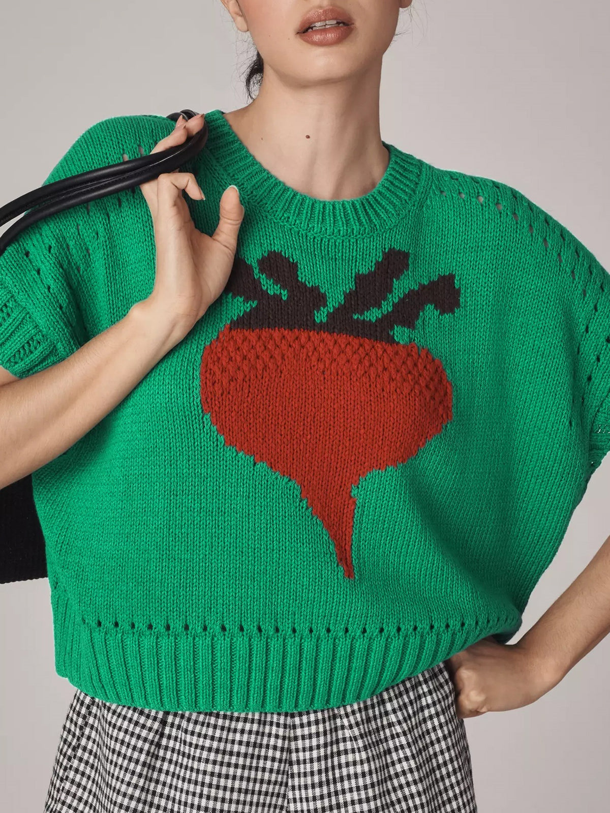 Radish Intarsia Cropped Short Sleeve Sweater - Green