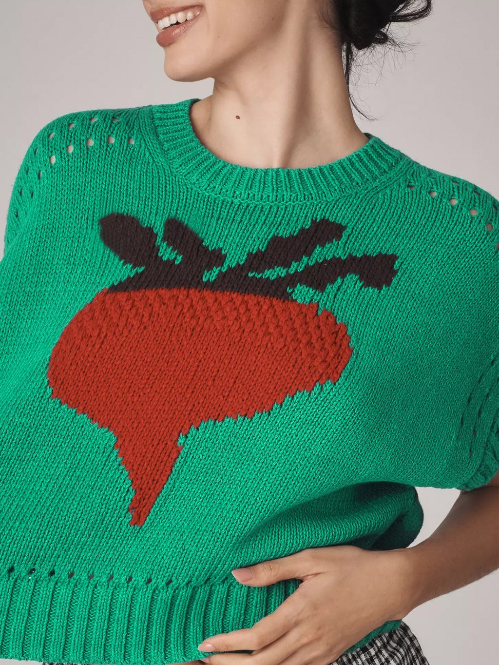 Radish Intarsia Cropped Short Sleeve Sweater - Green - 2