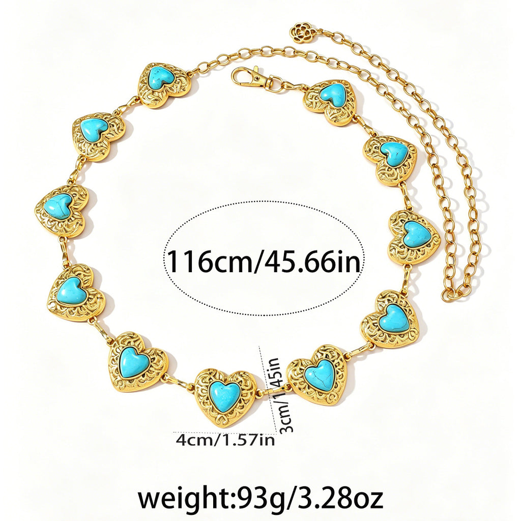 Turquoise Heart Charm Belly Chain Belt - Gold - 1