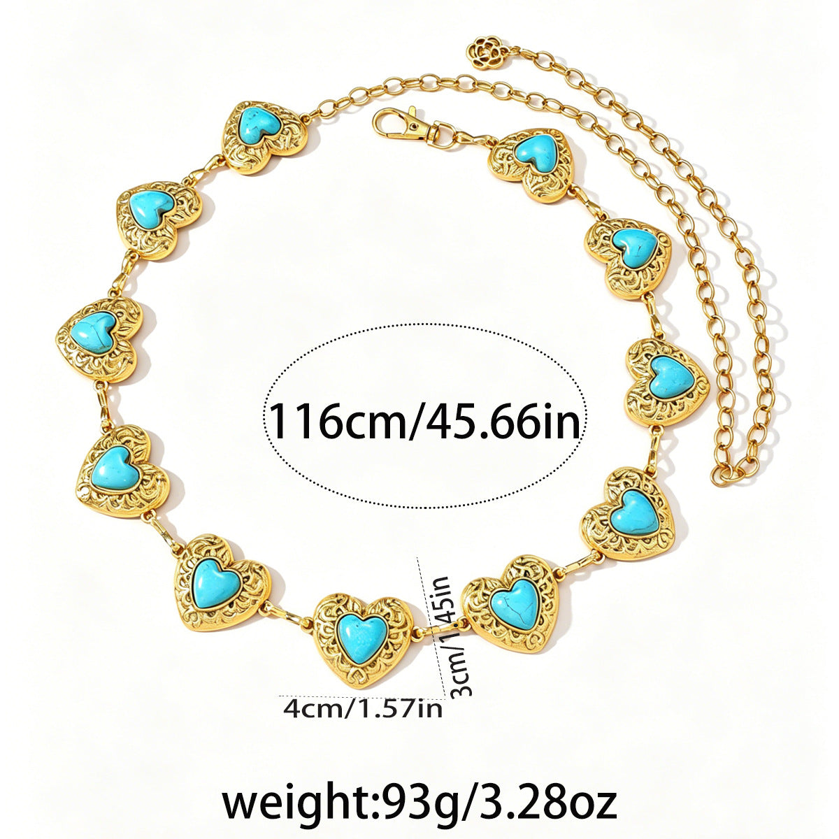 Turquoise Heart Charm Belly Chain Belt - Gold - 1