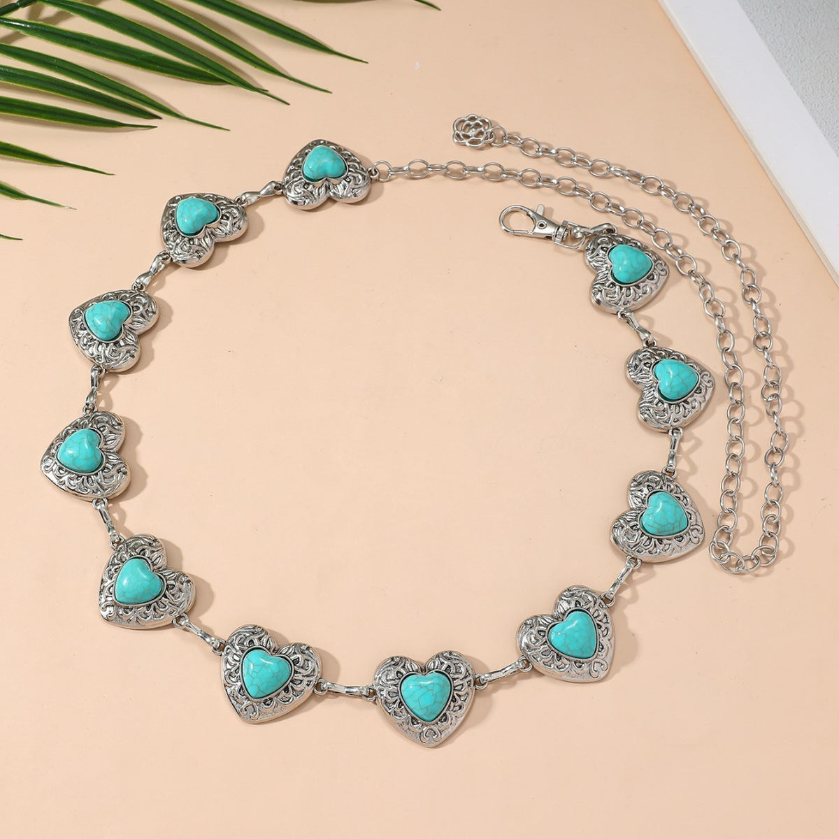 Turquoise Heart Charm Belly Chain Belt - Silvery