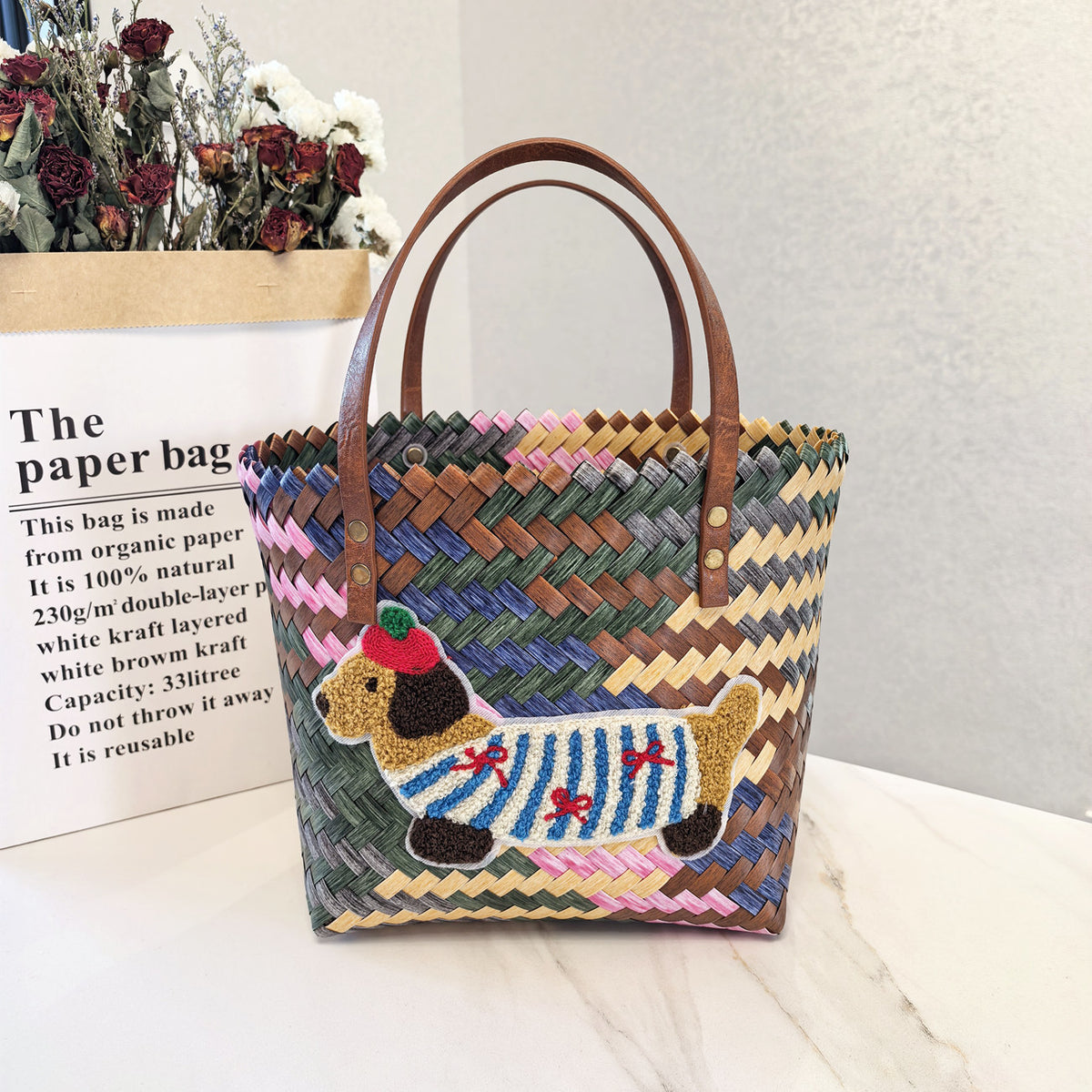 Animal-Patch Bamboo Handle Handwoven Straw Summer Tote - Color_14