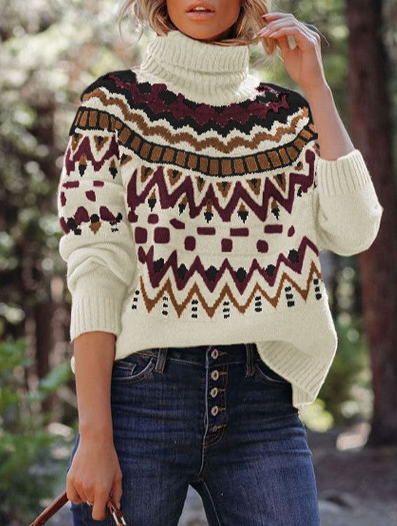 Fair Isle Yoke Turtleneck Knit Sweater - Apricot