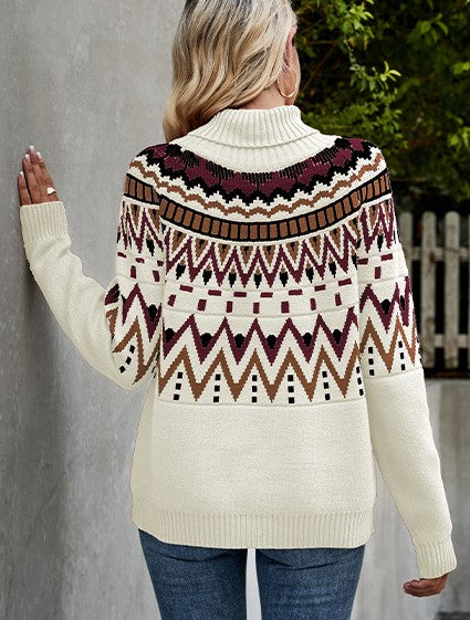 Fair Isle Yoke Turtleneck Knit Sweater - Apricot - 1