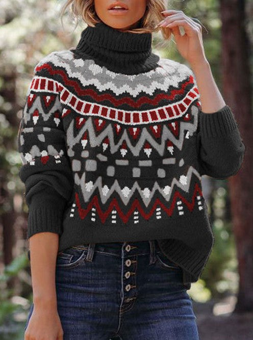 Fair Isle Yoke Turtleneck Knit Sweater - Black - 1