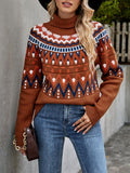 Fair Isle Yoke Turtleneck Knit Sweater - Brown