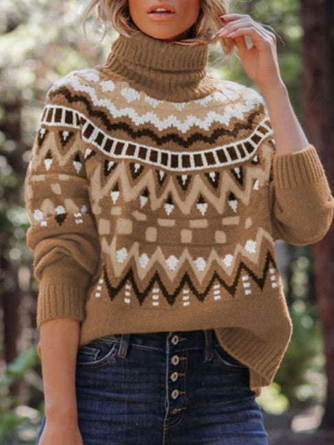 Fair Isle Yoke Turtleneck Knit Sweater - Khaki