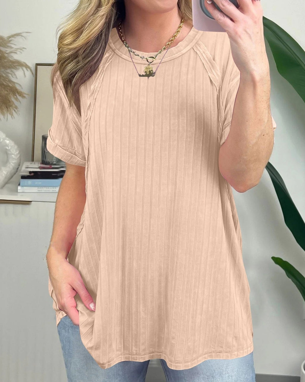 Ribbed Short Sleeve Relaxed Tunic Tee - Apricot