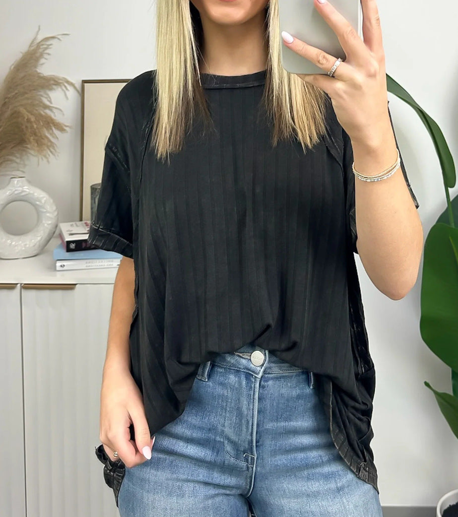 Ribbed Short Sleeve Relaxed Tunic Tee - Black