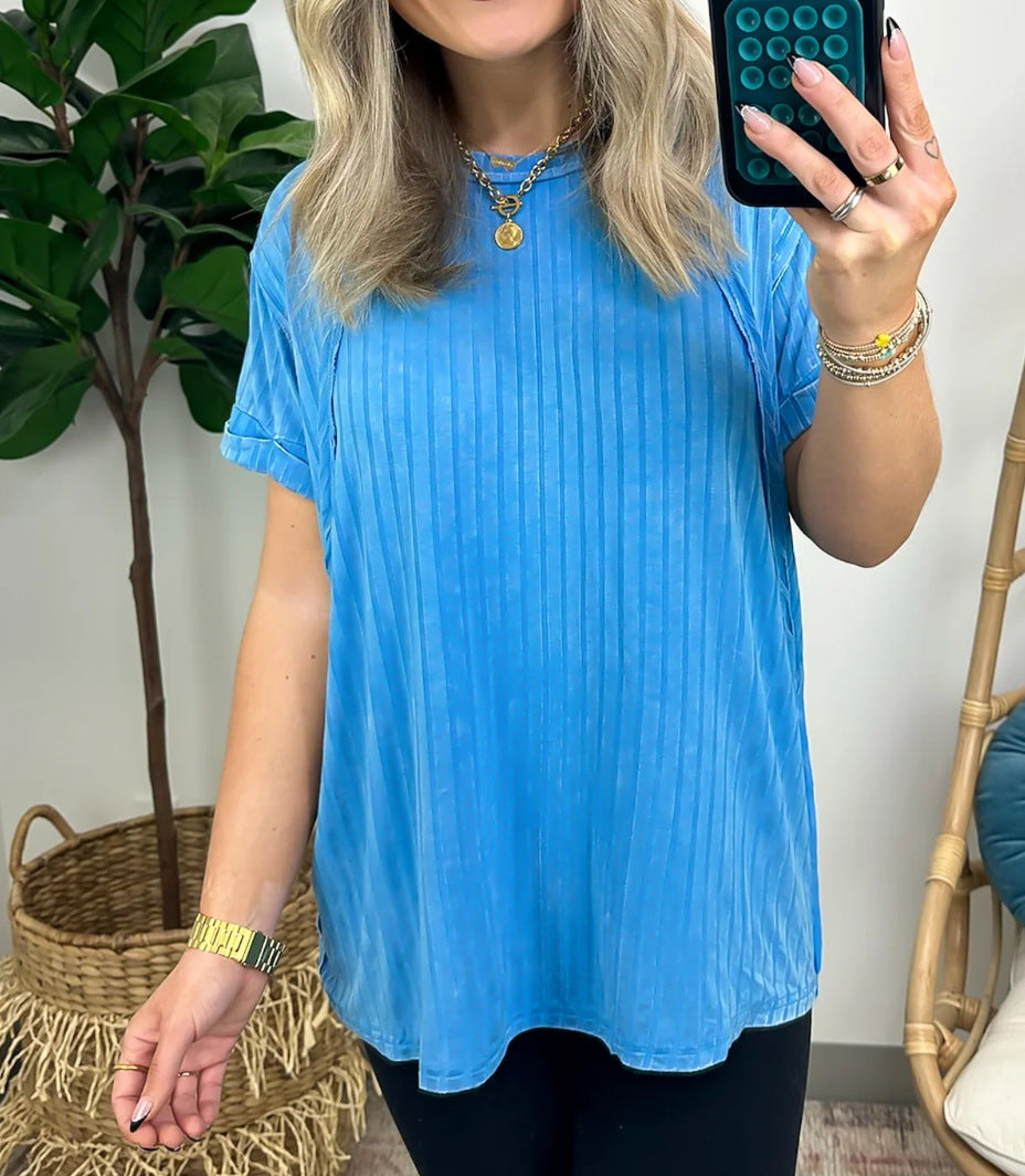 Ribbed Short Sleeve Relaxed Tunic Tee - Blue