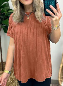 Ribbed Short Sleeve Relaxed Tunic Tee - Brown