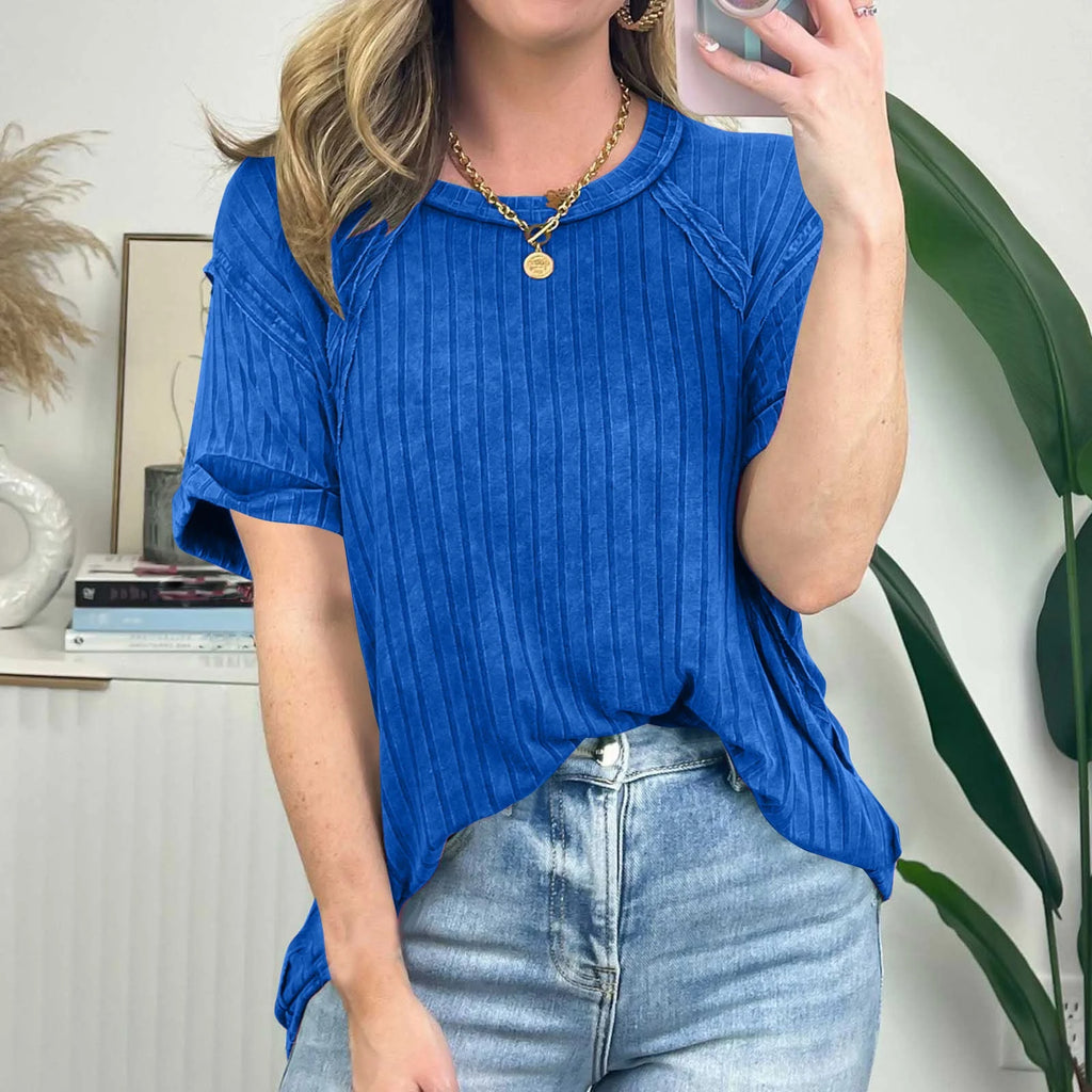 Ribbed Short Sleeve Relaxed Tunic Tee - DarkBlue