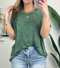 Ribbed Short Sleeve Relaxed Tunic Tee - DkGreen