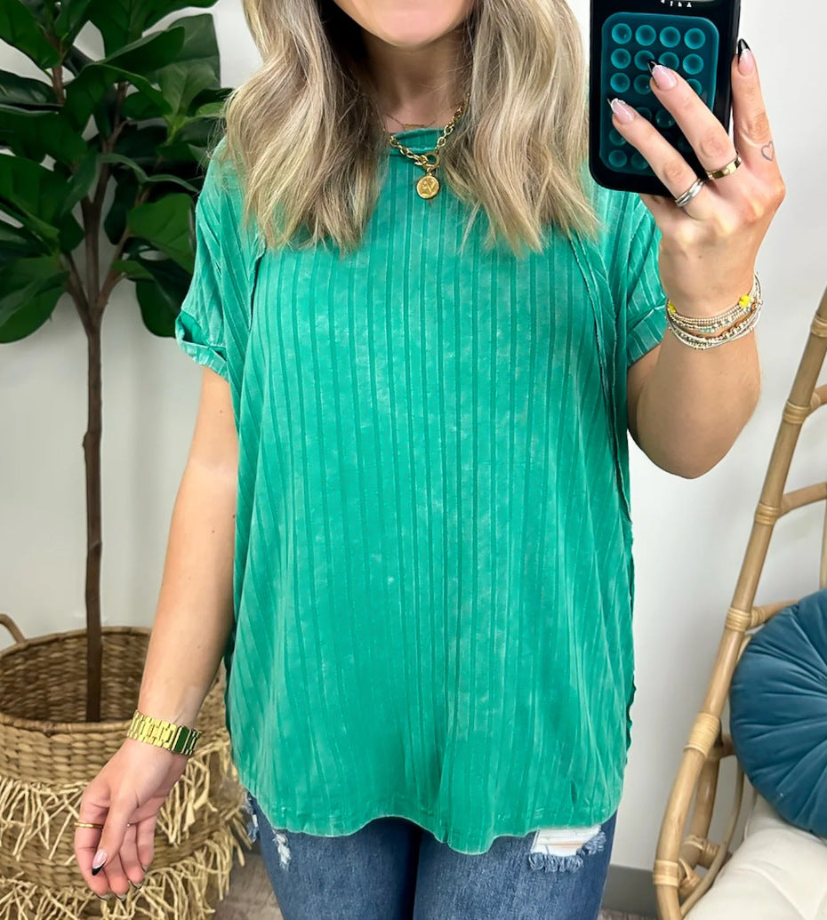 Ribbed Short Sleeve Relaxed Tunic Tee - Green