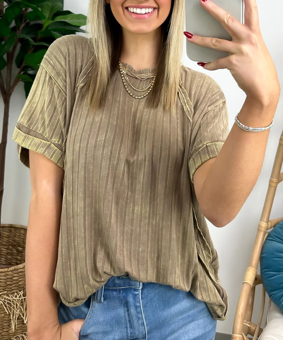 Ribbed Short Sleeve Relaxed Tunic Tee - Khaki