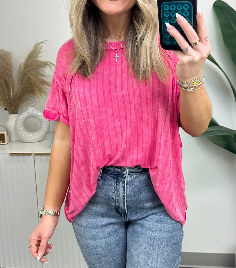 Ribbed Short Sleeve Relaxed Tunic Tee - Rose