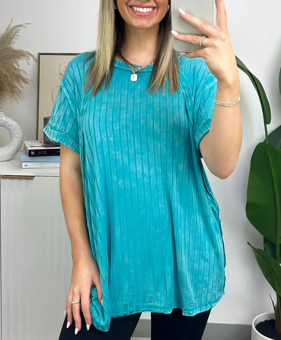 Ribbed Short Sleeve Relaxed Tunic Tee - Teal