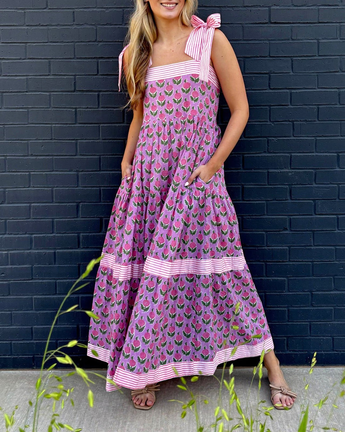 Floral Tie Strap Tiered Maxi Dress - Purple