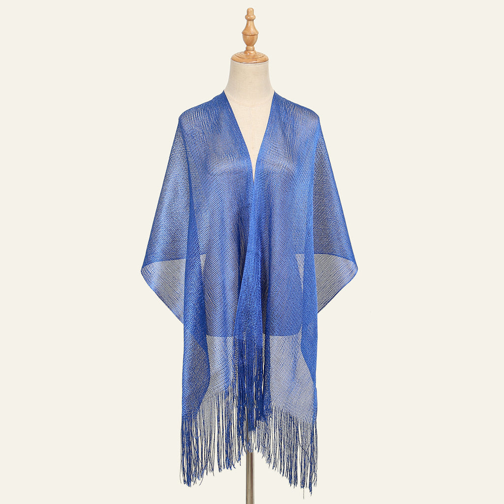 Sheer Fringed Evening Cape Wrap - Blue