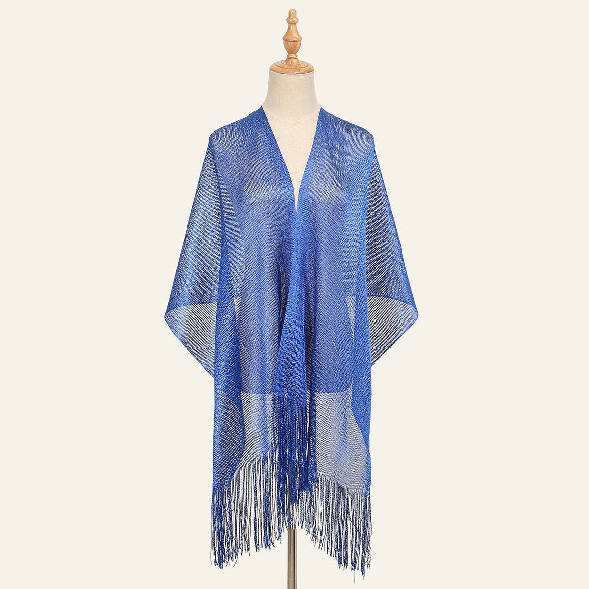 Sheer Fringed Evening Cape Wrap - Blue